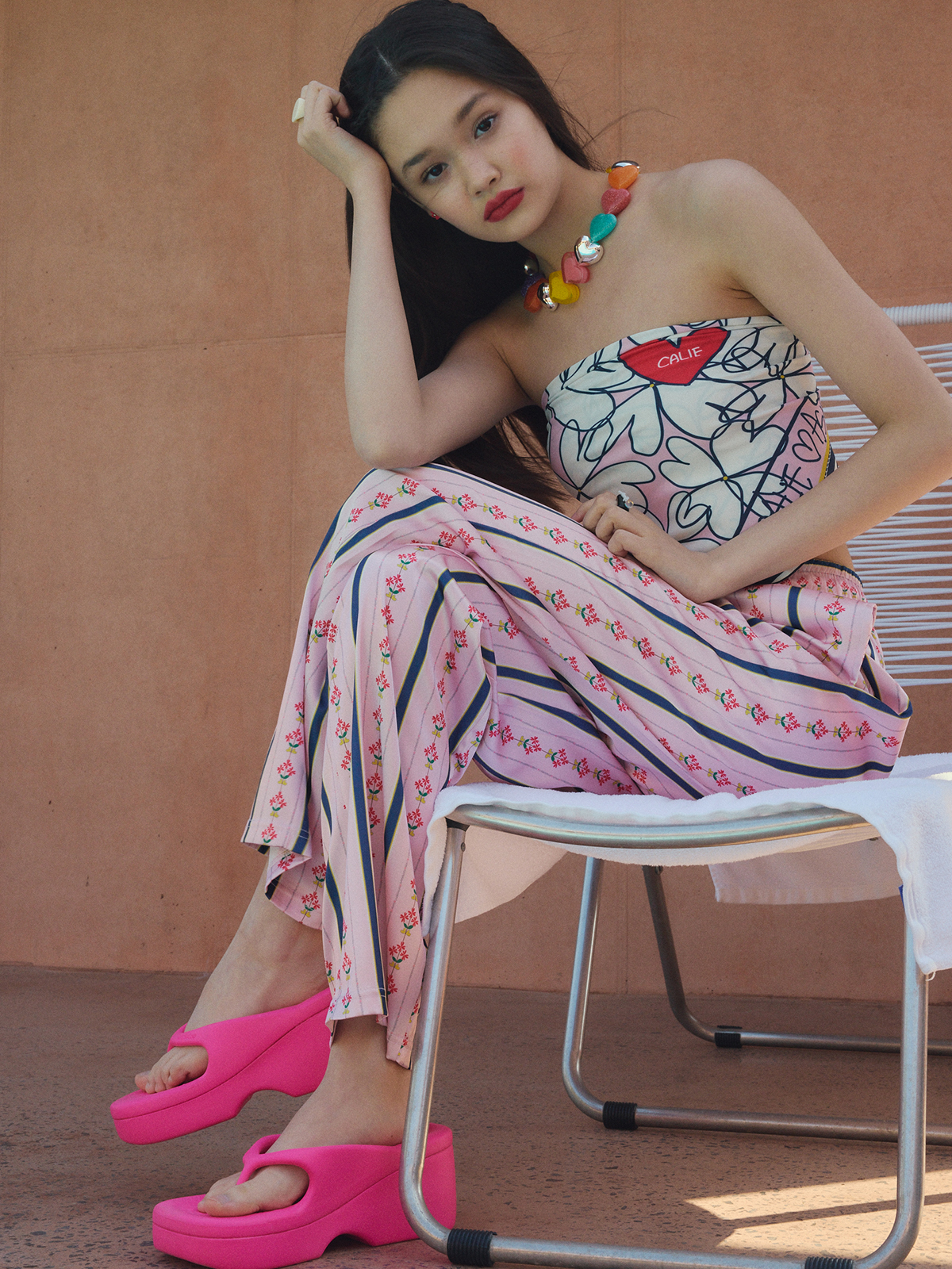 FLOWER STRIPE PANTS PINK -asifCALIE-