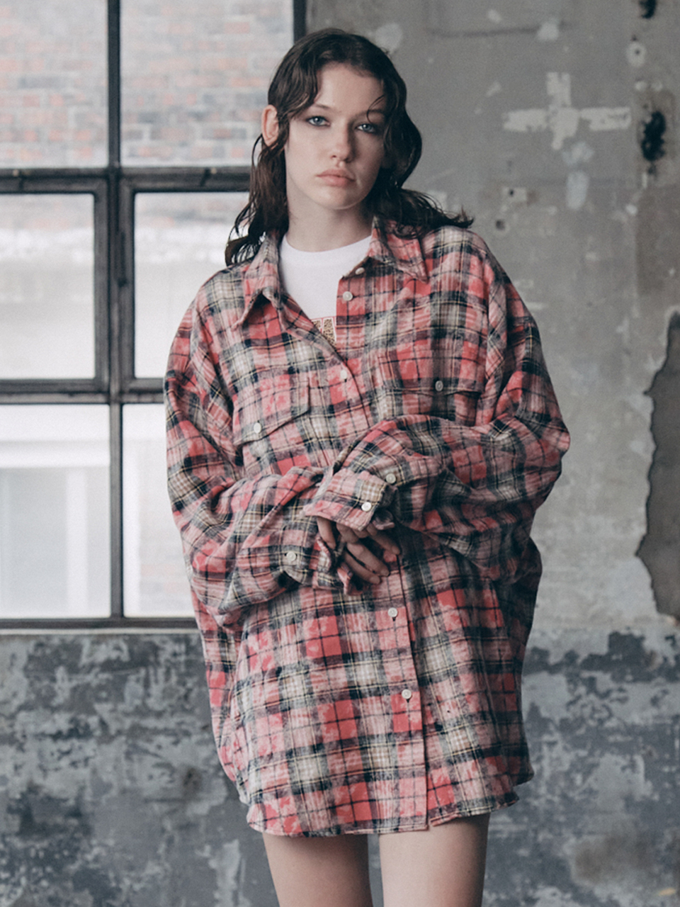 DIRTYWASHING OVERFIT CHECK SHIRT PINK  -as if CALIE-